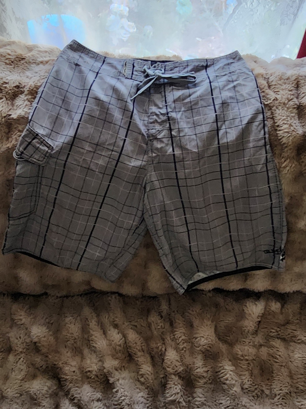 Men's Gray Plaid Swim Shorts with Drawstring